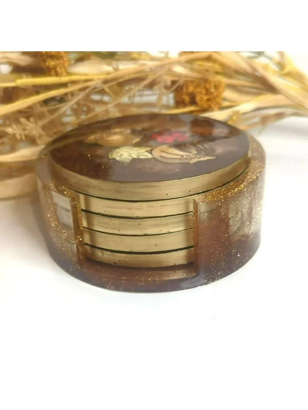 Handmade Resin Round Coaster Set With Holder Fall Autumn Themed Leaves Pumpkin
